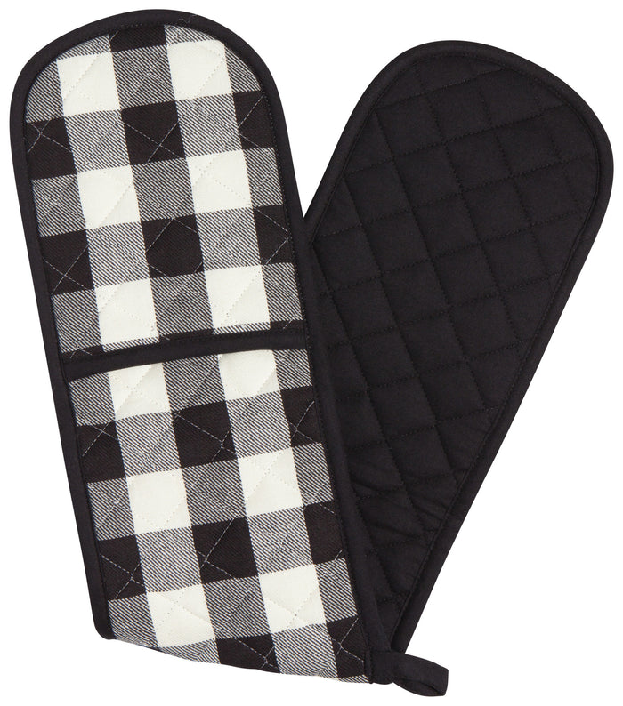 Long Double Oven Mitt Black Check