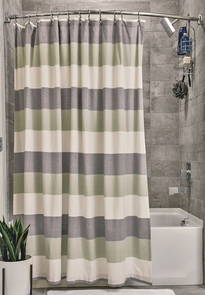 Fabric Shower Curtain - Wide Lines Navy, White & Linen